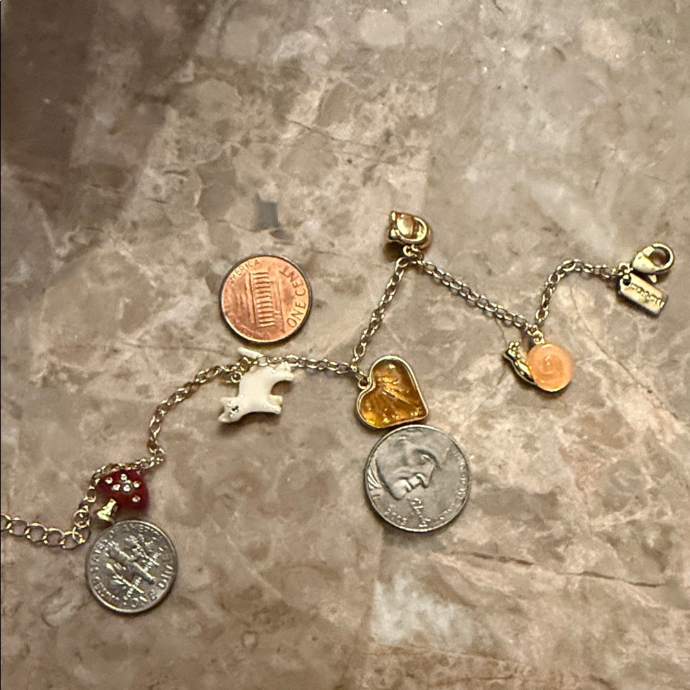 Coach Gold creature multi Charm Bracelet with Amber Heart & White Cat Charm - Picture 10 of 10